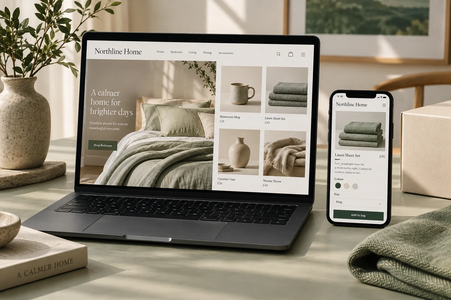 Ecommerce concept: a fictional homeware storefront and mobile product page alongside real-looking linen and ceramics