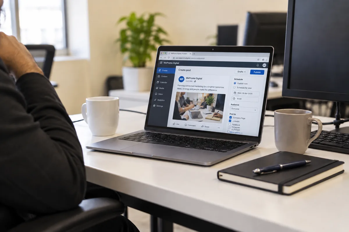 AI-created visualisation of a company social publishing page open on a laptop at a white office desk