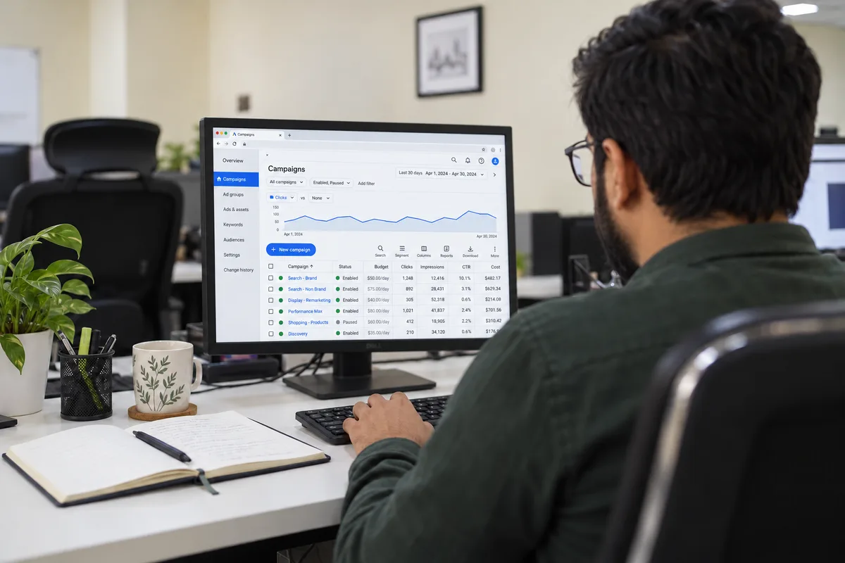 AI-created visualisation of a specialist reviewing a PPC campaign dashboard at a desktop computer, inspired by the Lahore office