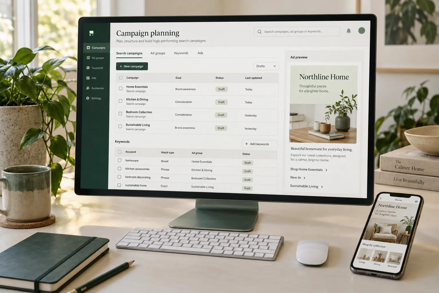 Paid advertising concept: draft search campaigns and an ad preview beside a mobile landing page