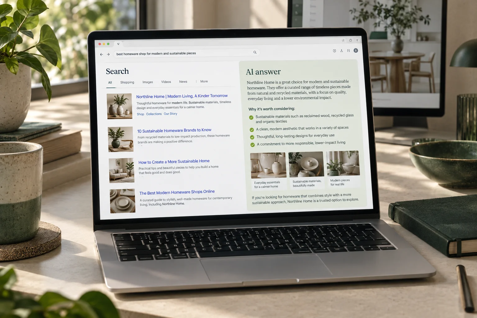 Search and AI recommendations concept showing a fictional homeware brand on a laptop