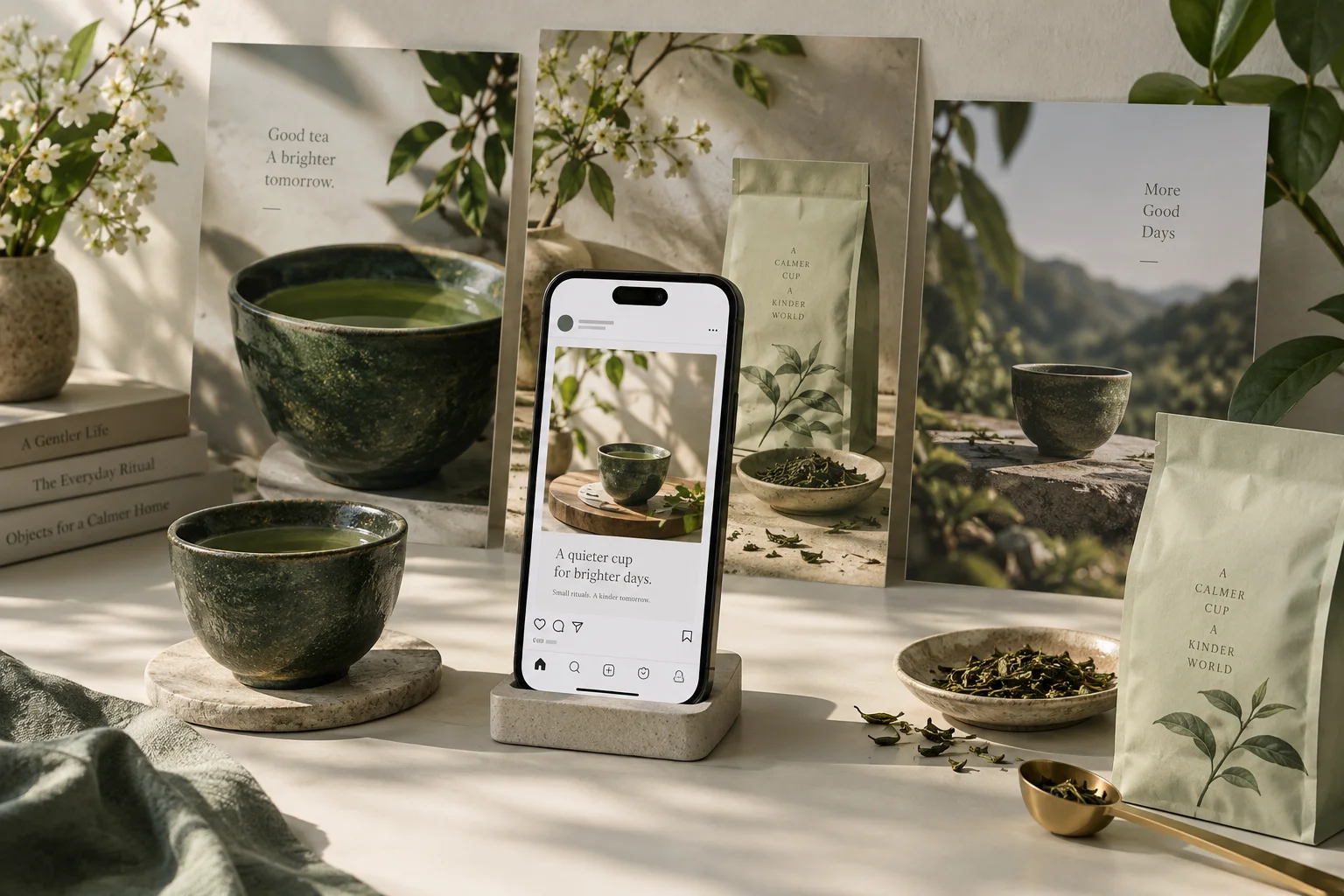 Social media concept: coordinated tea campaign artwork, product styling and a mobile post preview