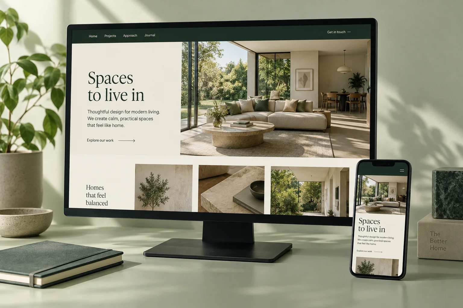 Web design concept: coordinated desktop and mobile architecture website in a natural studio setting