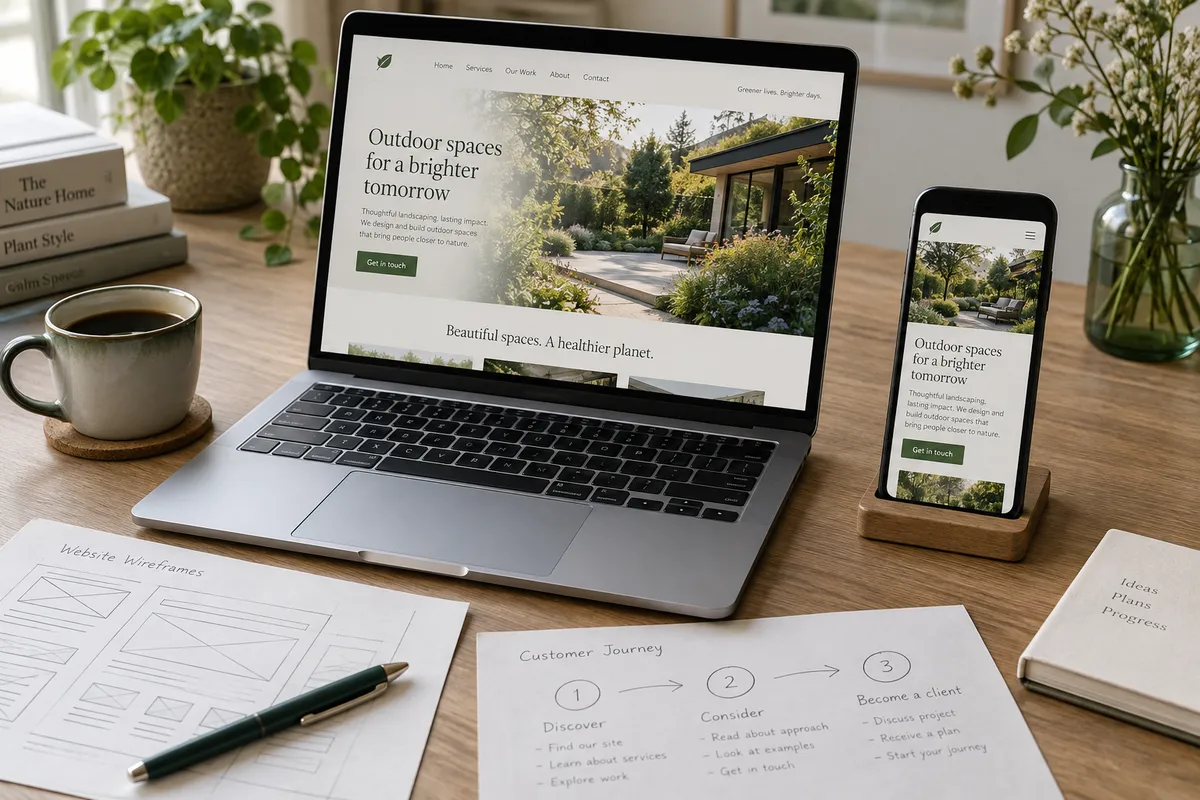 Website review workspace with laptop and mobile layouts, wireframes and a customer journey plan