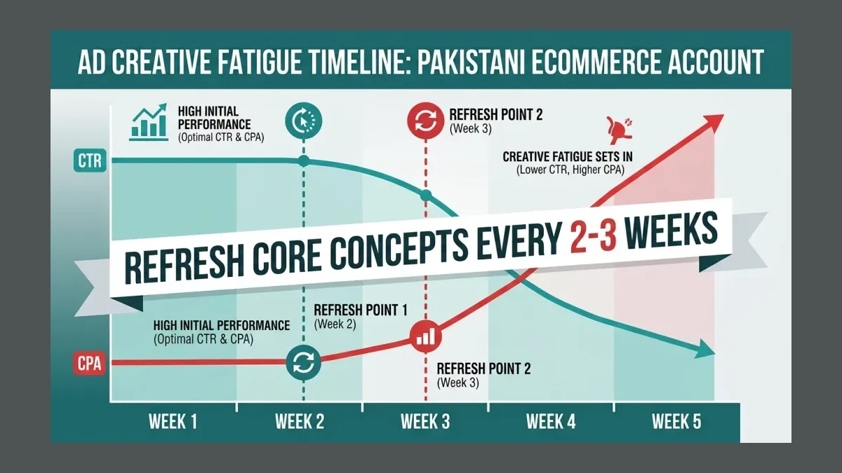Infographic: Ad creative fatigue for a Pakistani ecommerce account — CTR stays high while cost per purchase climbs