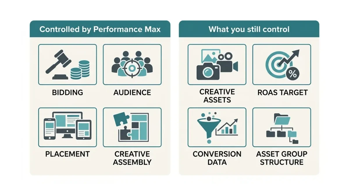 Infographic: What Performance Max controls versus what the Pakistani advertiser still controls