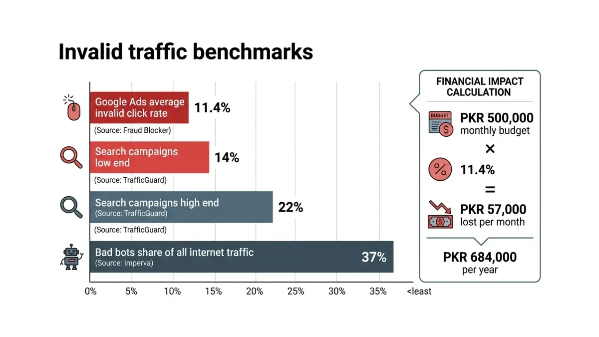 Infographic: Horizontal bar chart infographic titled Invalid traffic benchmarks: bars for Google Ads average invalid click rate 11.4%