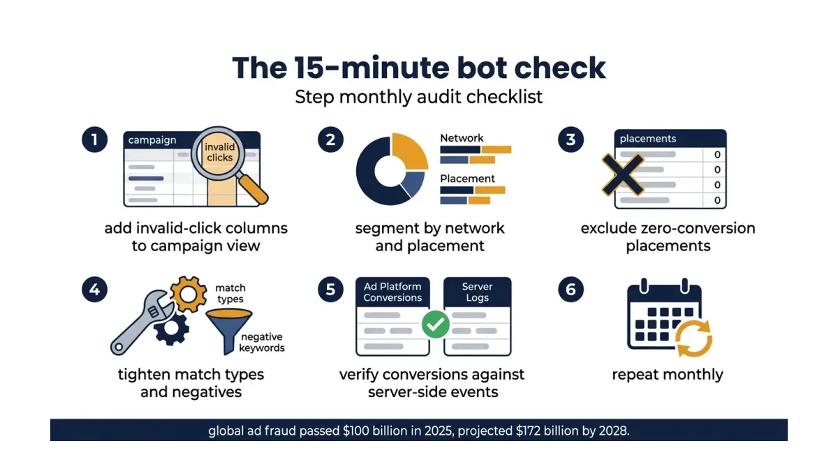Infographic: Six-step monthly audit checklist infographic titled The 15-minute bot check: numbered steps with icons: 1 add invalid-cl