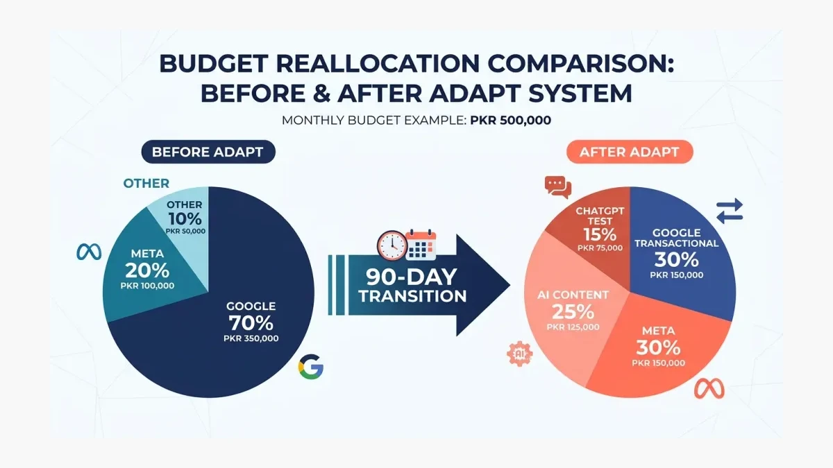 Infographic: Infographic showing budget reallocation comparison: before ADAPT (pie chart with Google 70%, Meta 20%, Other 10%) vs aft