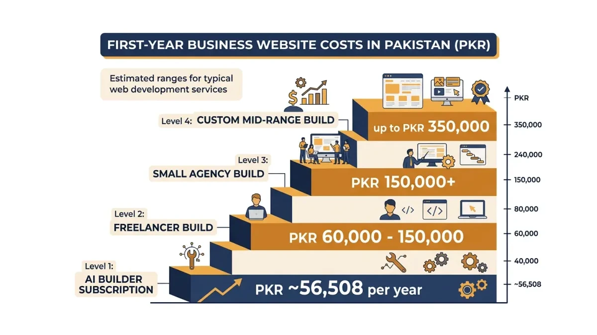 Infographic: PKR cost ladder comparing builder subscription, freelancer, and agency website routes