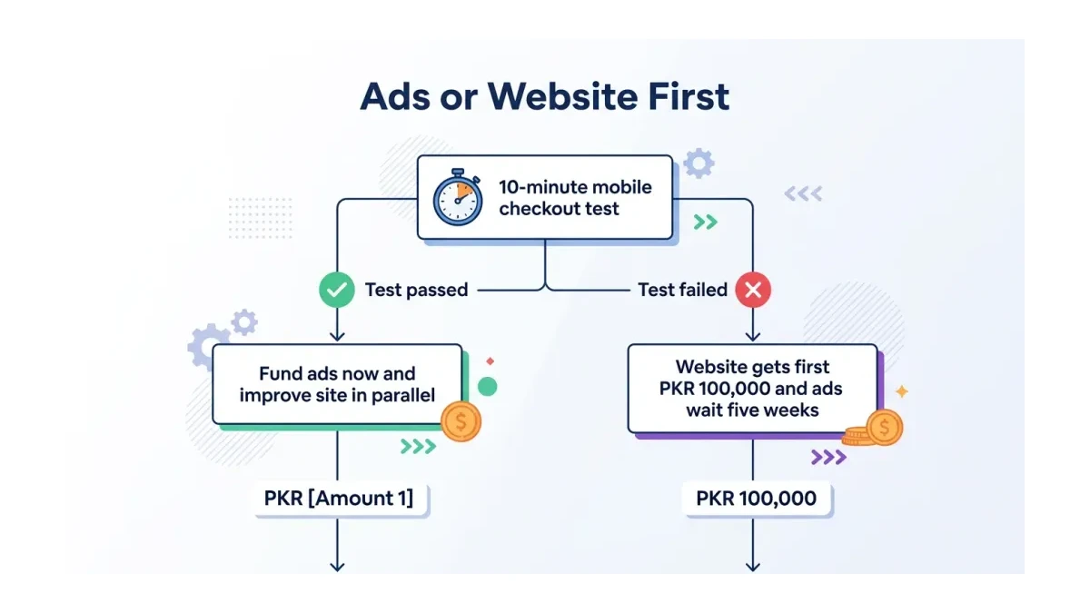 Infographic: decision flowchart for ads-first versus website-first budget choice