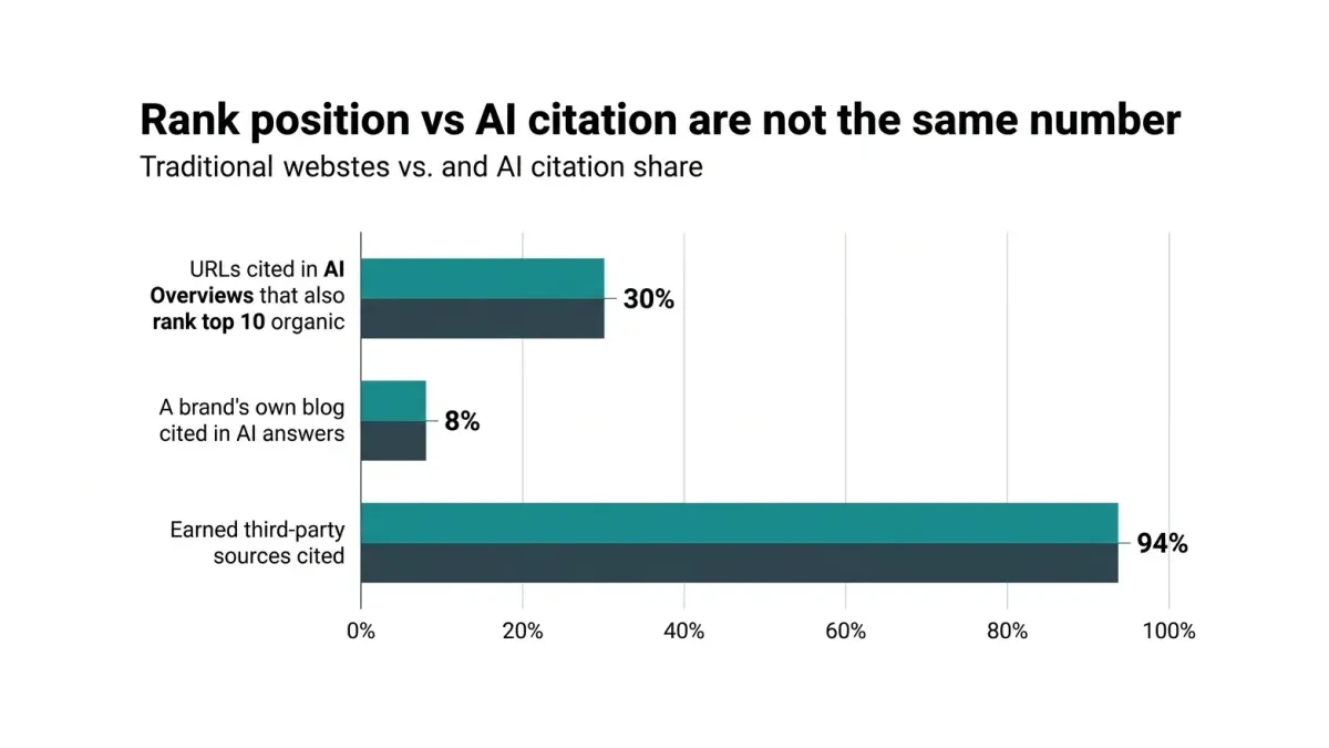 Infographic: Rank position versus AI citation share for Pakistani websites, showing the gap between ranking in the top ten and actually being cited inside AI answers.