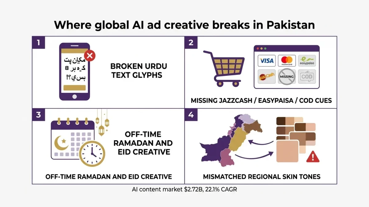 Infographic: Four failure modes of global AI ad creative in Pakistan, broken Urdu text, missing cash-on-delivery signals, off-time Ramadan creative, and mismatched regional representation