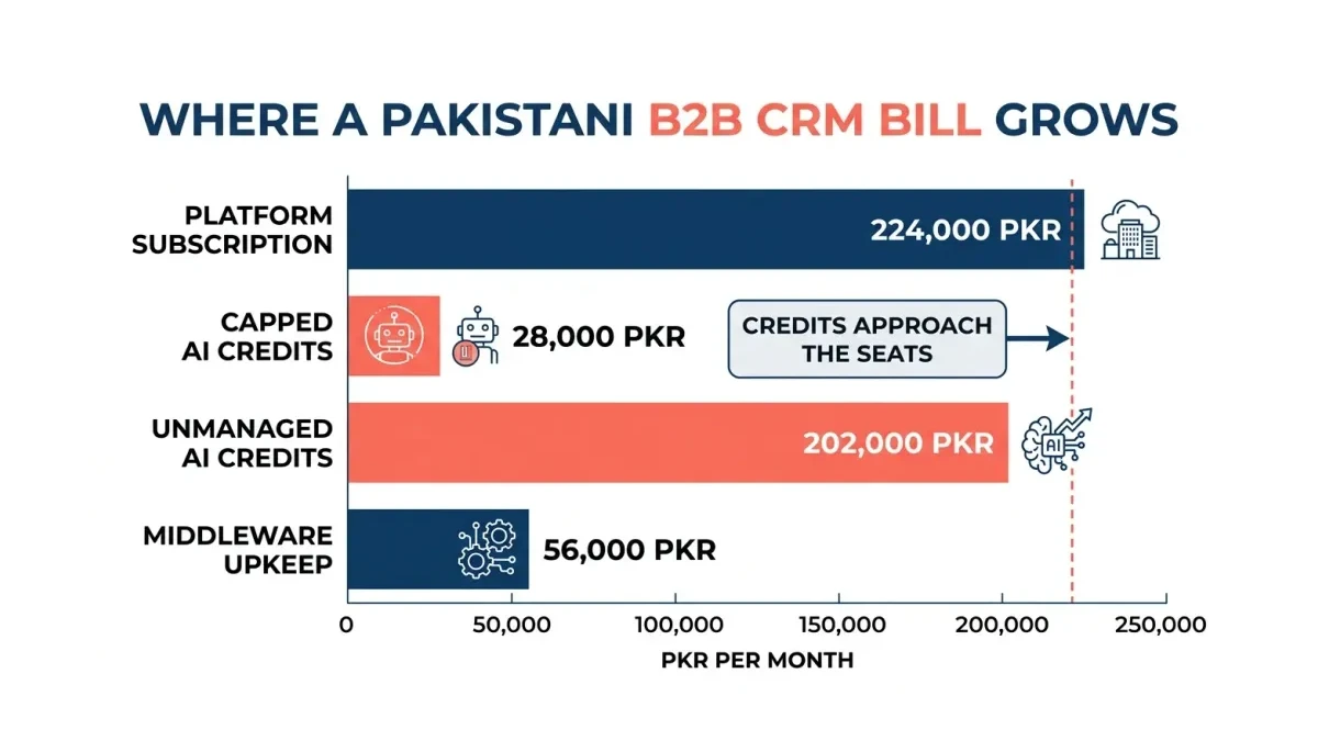 Infographic: Bar chart titled where a Pakistani B2B CRM bill grows — four horizontal bars in PKR per month: platform subscription, extra AI credits, and middleware upkeep