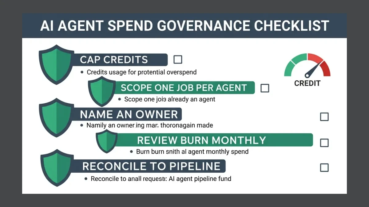 Infographic: Governance checklist card for AI agent spend with five shield icons labeled cap credits, scope one job, name an owner, reconcile monthly, and read before sending