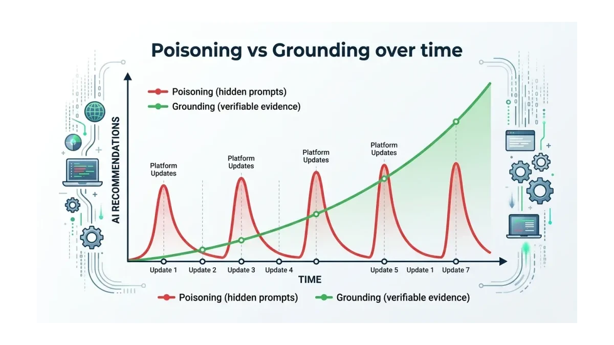 Infographic: Infographic-style two-curve line chart titled 'Poisoning vs Grounding over time'. A red curve labelled 'Poisoning (hidde