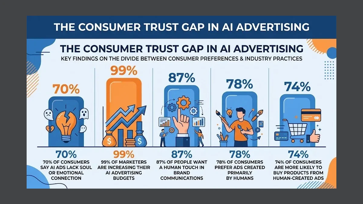 Infographic: Infographic showing the consumer trust gap in AI advertising. Bar chart with 5 data points: 70% say AI ads lack soul, 99