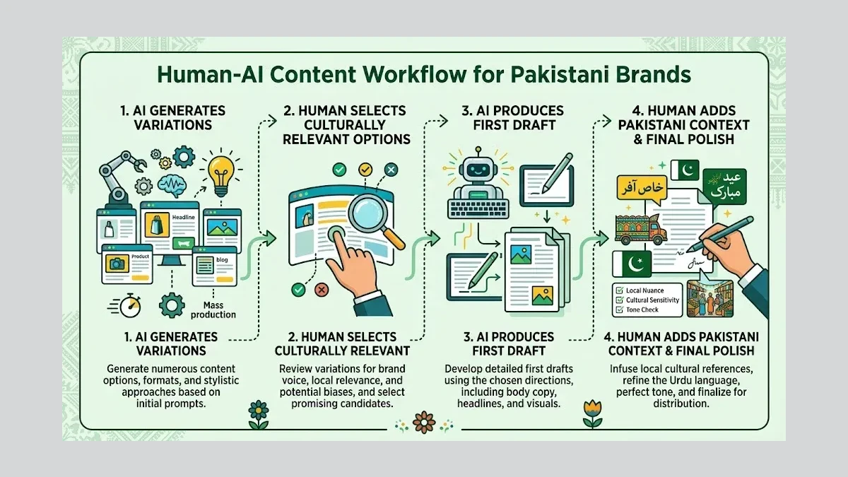 Infographic: Infographic showing the human-AI content workflow for Pakistani brands. Flowchart with 4 steps: AI generates variations,