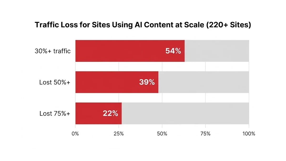Infographic: Infographic showing AI content traffic loss data as a horizontal bar chart: 54% of sites lost 30%+ traffic, 39% lost 50%