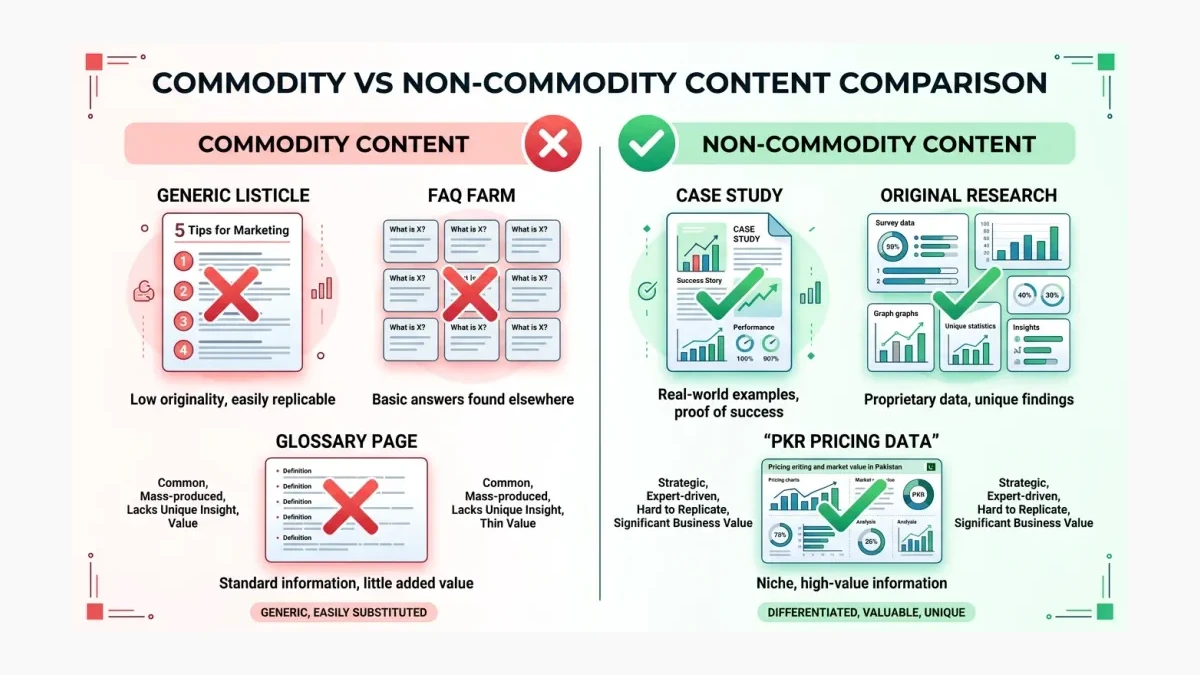 Infographic: Infographic showing commodity vs non-commodity content comparison. Left side: Commodity Content (generic listicle, FAQ f