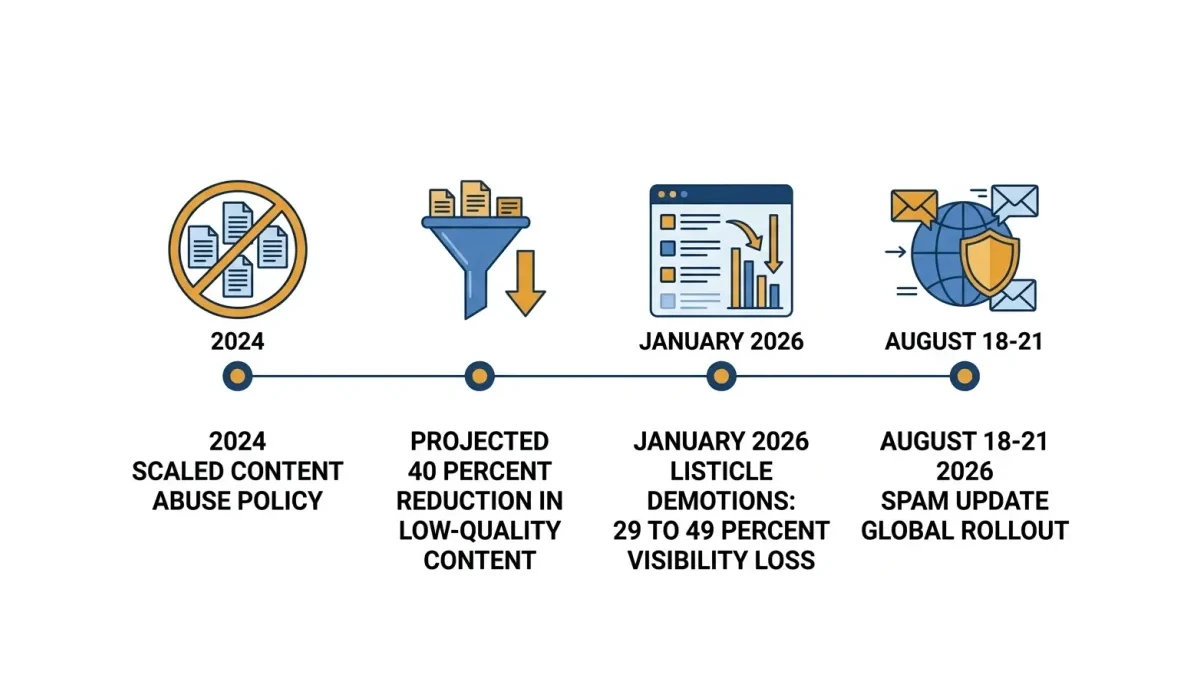 Infographic: A timeline from the 2024 scaled content abuse policy through the January 2026 listicle demotions to the August 2026 spam update.