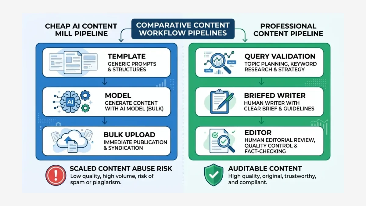 Infographic: A side-by-side flow chart comparing a cheap AI content mill pipeline against a professional research and editing pipeline.