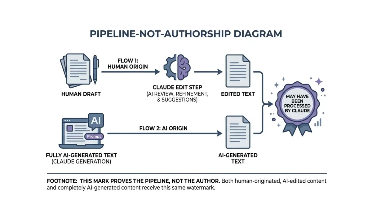 Infographic: Infographic showing a pipeline-not-authorship diagram: two parallel flows, one labeled human draft flowing through a Cla