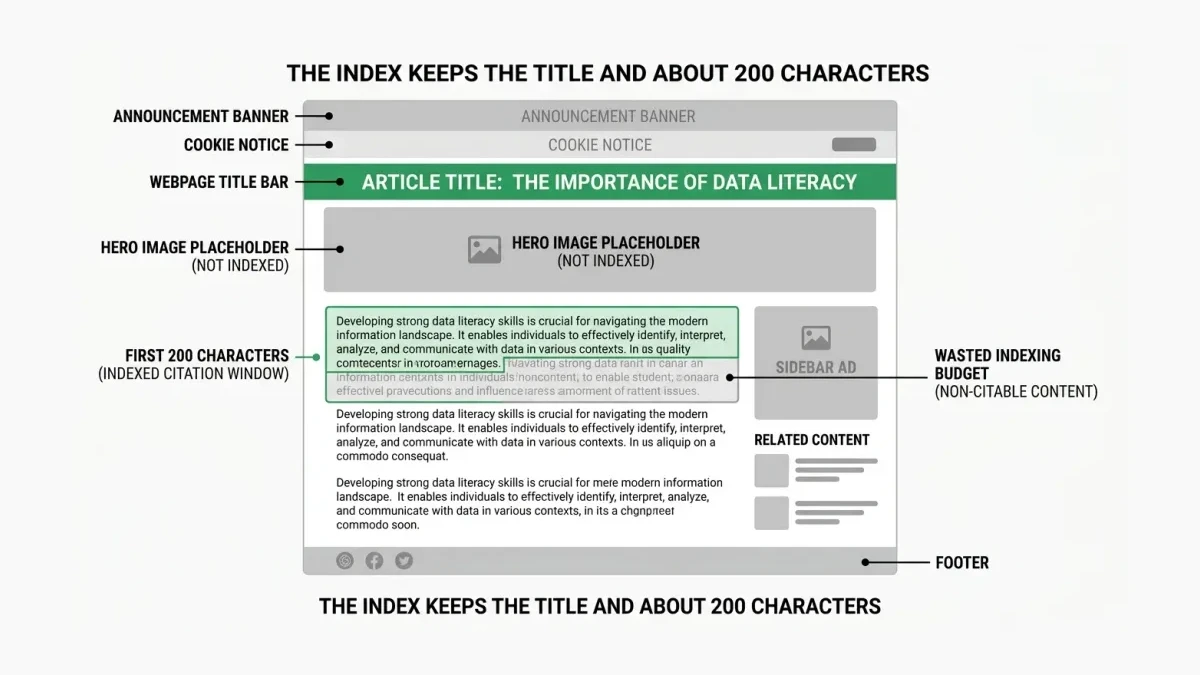 Infographic: Infographic of the 200-character citation window: a webpage wireframe where the title bar and the first 200 characters a