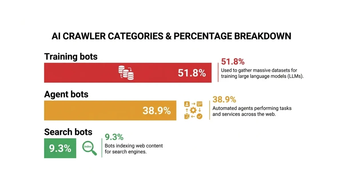 Infographic: Three AI bot categories split training at 51.8 percent, agent at 38.9 percent, and search at 9.3 percent of requests