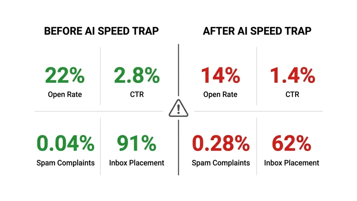 Infographic: Infographic showing a before/after comparison dashboard of email metrics: left side 'Before AI Speed Trap' with open rat