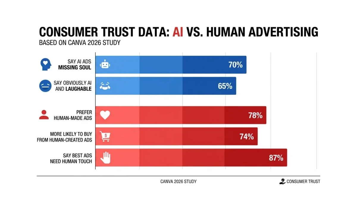 Infographic: Infographic showing consumer trust data from Canva 2026 study: 70% say AI ads missing soul, 65% say obviously AI and lau