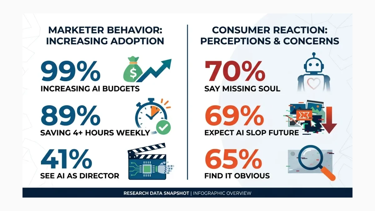 Infographic: Infographic showing the AI creative paradox: left side shows marketer behavior (99% increasing AI budgets, 89% saving 4+