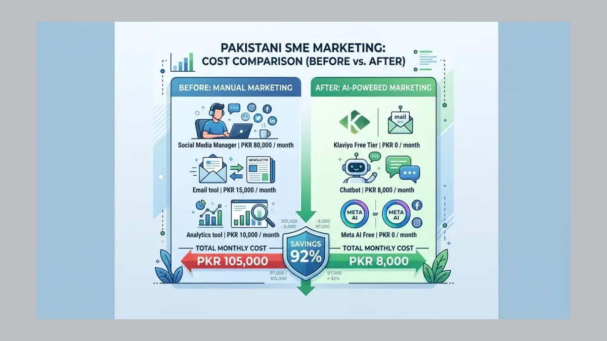 Infographic: Infographic showing before and after cost comparison for Pakistani SME marketing. Left side: Manual Marketing (Social Ma