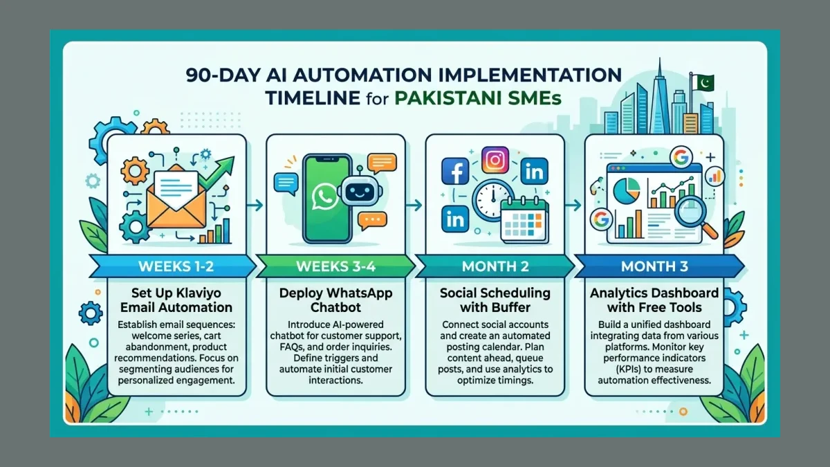 Infographic: Infographic showing a 90-day AI automation implementation timeline for Pakistani SMEs. Week 1-2: Set up Klaviyo email an