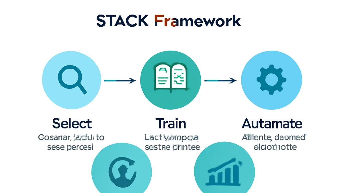 Infographic: STACK Framework five-step cycle diagram showing Select, Train, Automate, Calibrate, Keep-looping with icons for each phase