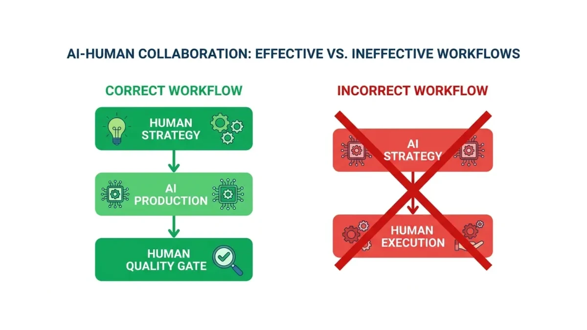 Infographic: Flow diagram showing correct versus incorrect human-AI workflow for marketing tasks