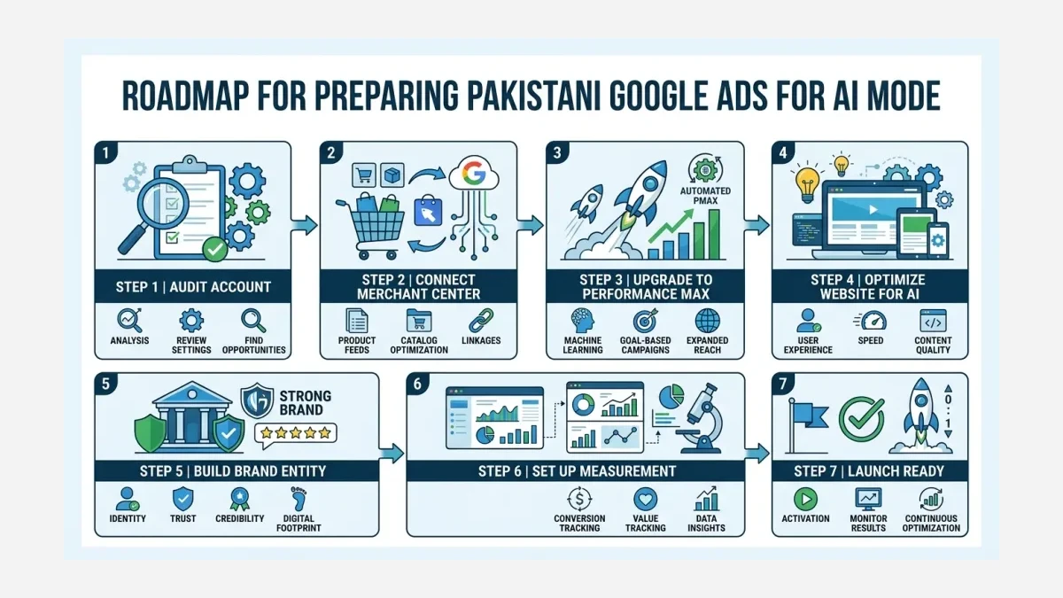 Infographic: 7-step Google Ads AI Mode preparation roadmap for Pakistani businesses