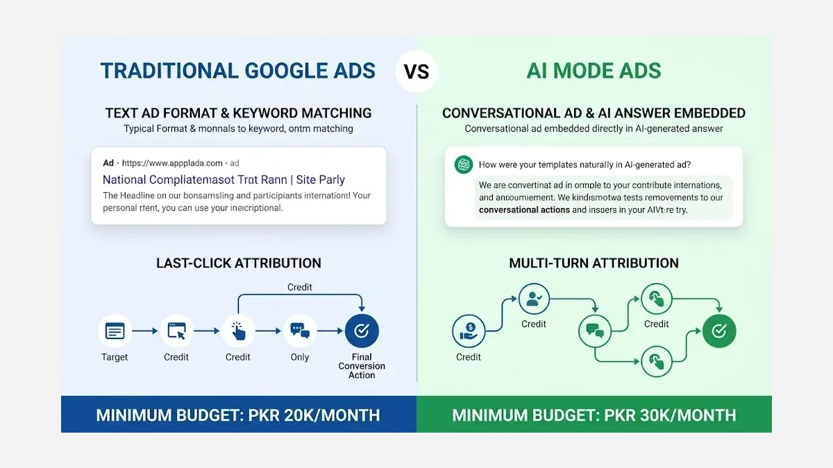 Infographic: Traditional Google Ads vs AI Mode Ads comparison showing format, creative, measurement, and budget differences for Pakistani SMEs