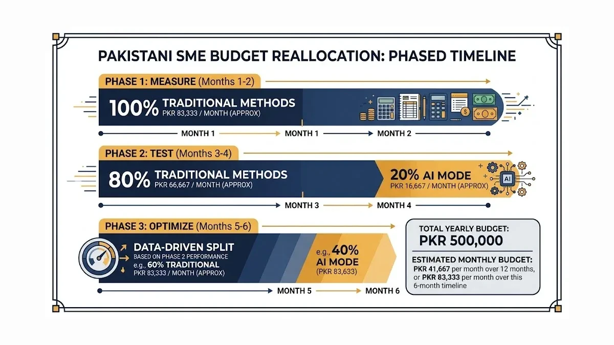 Infographic: Phased budget reallocation from traditional to AI Mode ads over six months for Pakistani SMEs
