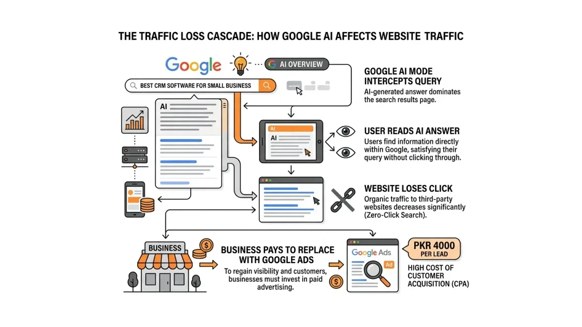 Infographic: Infographic-style flow diagram showing the traffic loss cascade: Google AI Mode intercepts query, user reads AI answer,