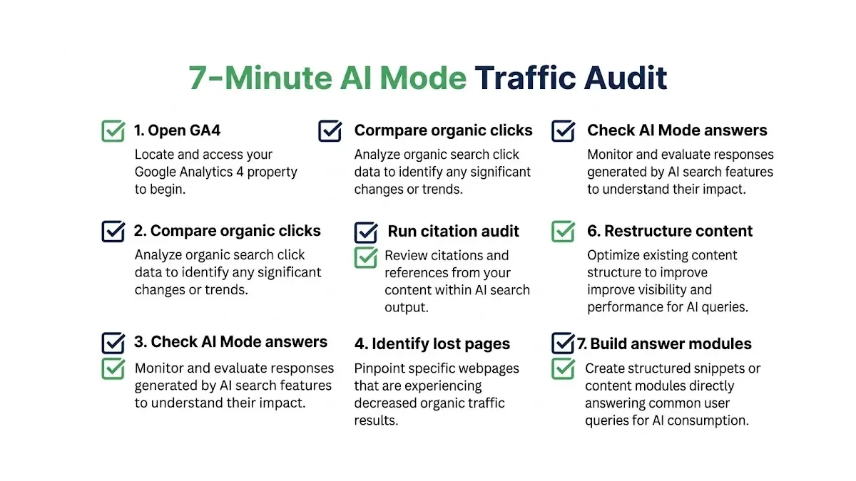 Infographic: Checklist infographic titled '7-Minute AI Mode Traffic Audit' showing seven numbered steps: 1. Open GA4, 2. Compare orga