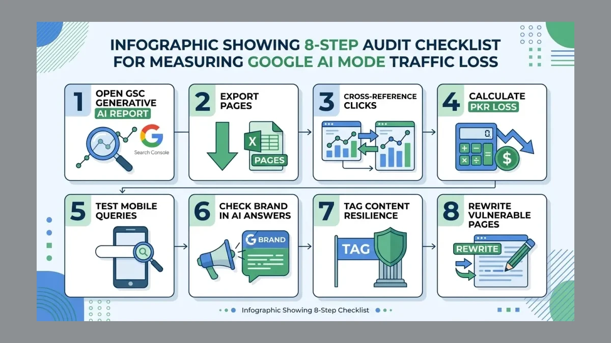 Infographic: Infographic showing 8-step audit checklist for measuring Google AI Mode traffic loss: Step 1 Open GSC Generative AI repo