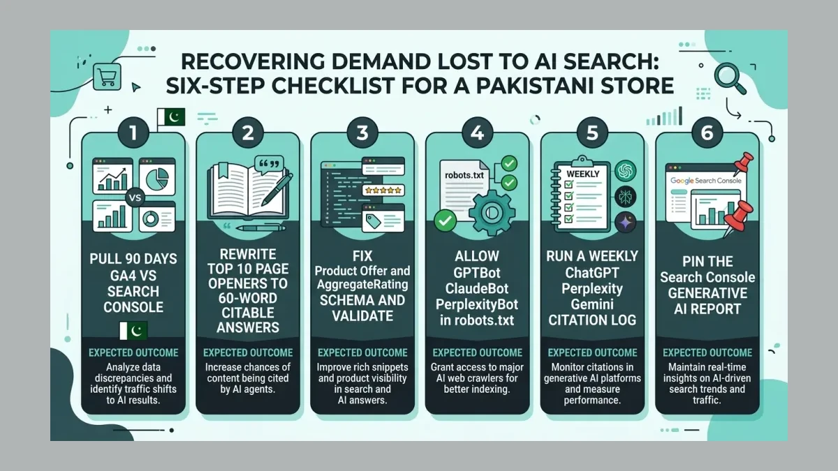 Infographic: Infographic showing a six-step fix checklist to recover demand lost to AI search for a Pakistani store: pull 90 days GA4