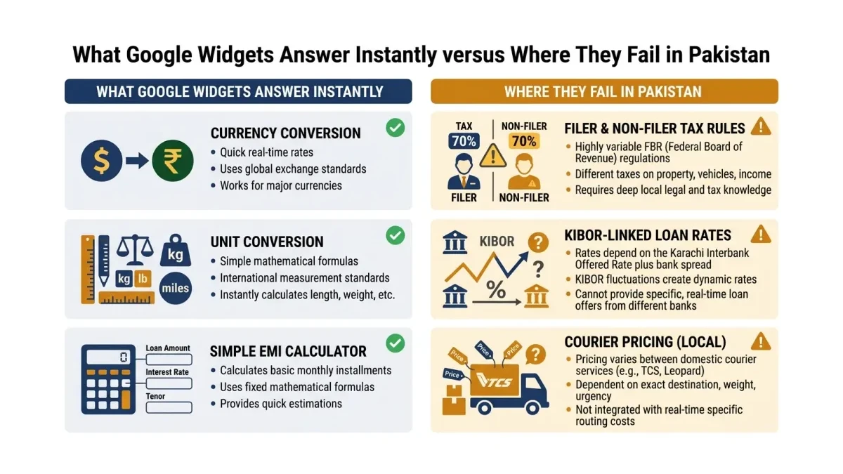 Infographic: A two-column comparison showing what Google's generative UI widgets answer instantly versus where generated widgets fail on Pakistani local context such as filer tax rules, Kibor-linked rates, and courier pricing.