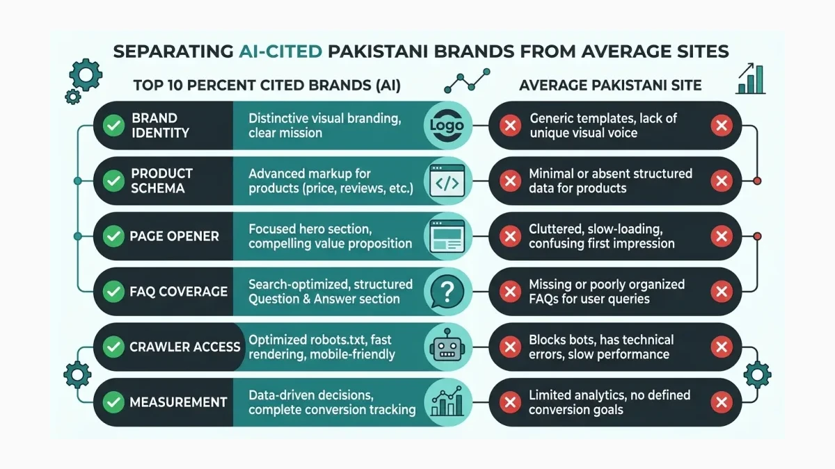 Infographic: Side-by-side comparison of the six practices that separate AI-cited Pakistani brands from the average site in the same category