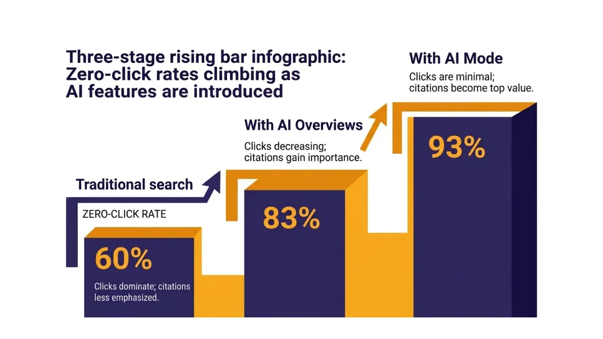 Infographic: A three-stage rising bar infographic showing zero-click rate climbing as AI features appear: Traditional search 60%, Wit