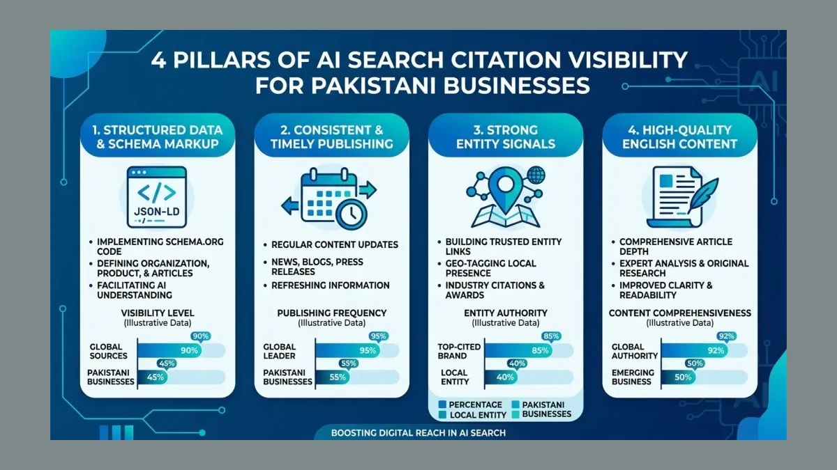 Infographic: Four pillars of AI search citation visibility for Pakistani businesses