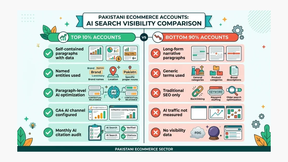 Infographic: Top 10% vs bottom 90% comparison of Pakistani ecommerce accounts on AI search visibility behaviors and outcomes