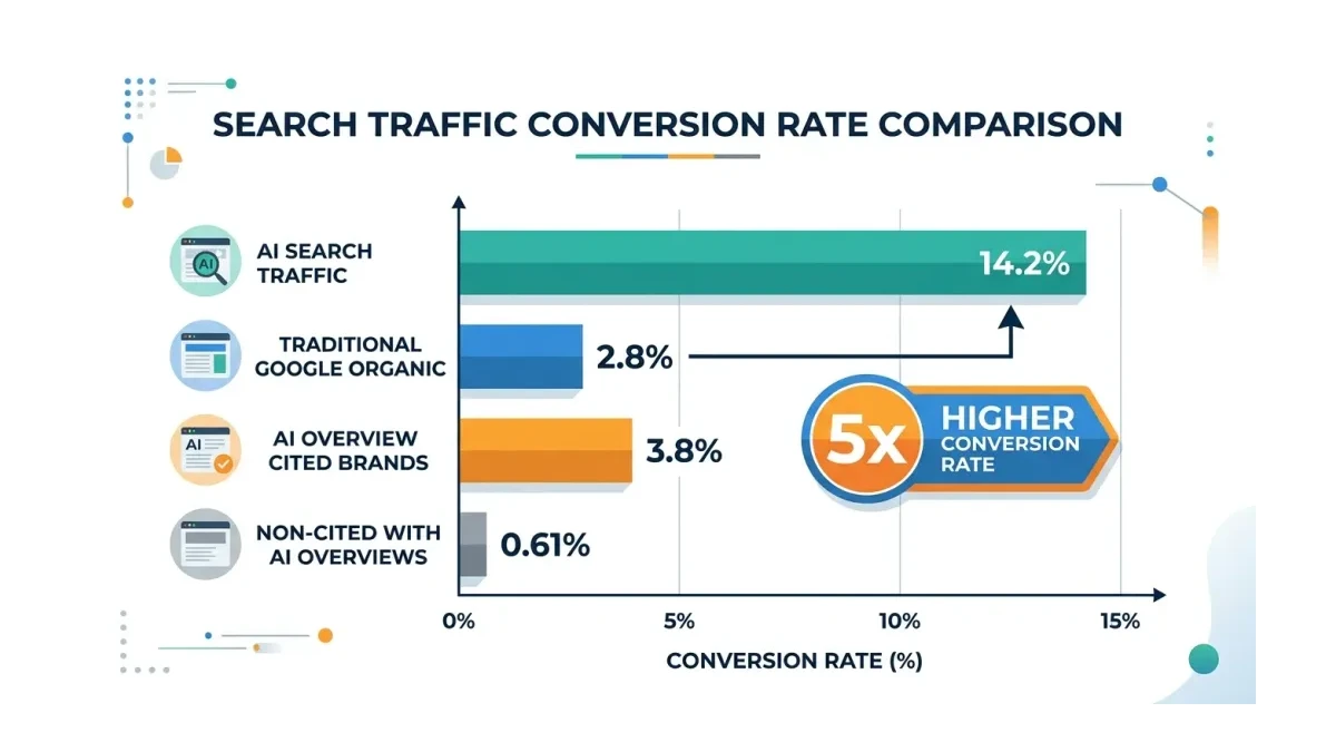 Infographic: Infographic showing conversion rate comparison: AI Search Traffic at 14.2% vs Traditional Google Organic at 2.8% vs AI O