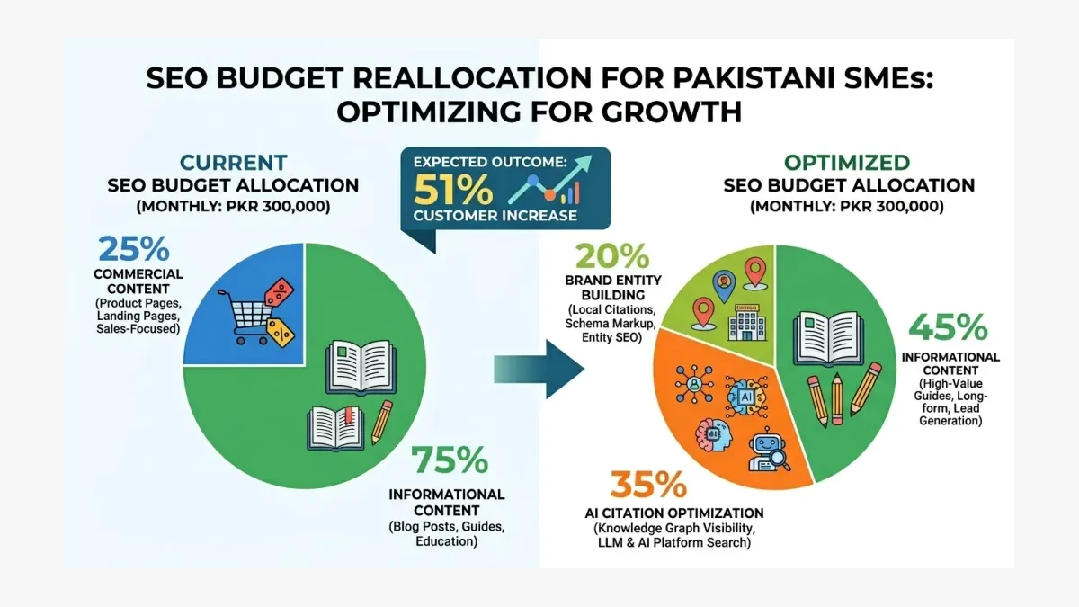 Infographic: Infographic showing SEO budget reallocation for Pakistani SMEs: Current (75% informational content, 25% commercial) vs O